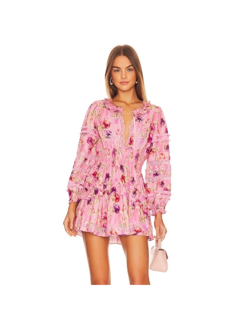 Love Shack Fancy pink floral summer mini dress Clarkie Dress in Wild Pink Rose M